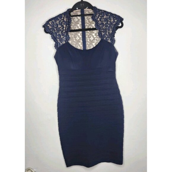 Xscape Navy Blue Knee Length Metallic Back Cocktail Party Dress Size 6 - Picture 2 of 9